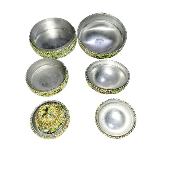 Vintage Round Nesting Trinket Boxes Green Beaded and Mirrored Four in One - Picture 8 of 12